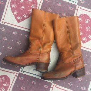 Frye Tan Worn Leather Chunky Heel Below Knee Boots